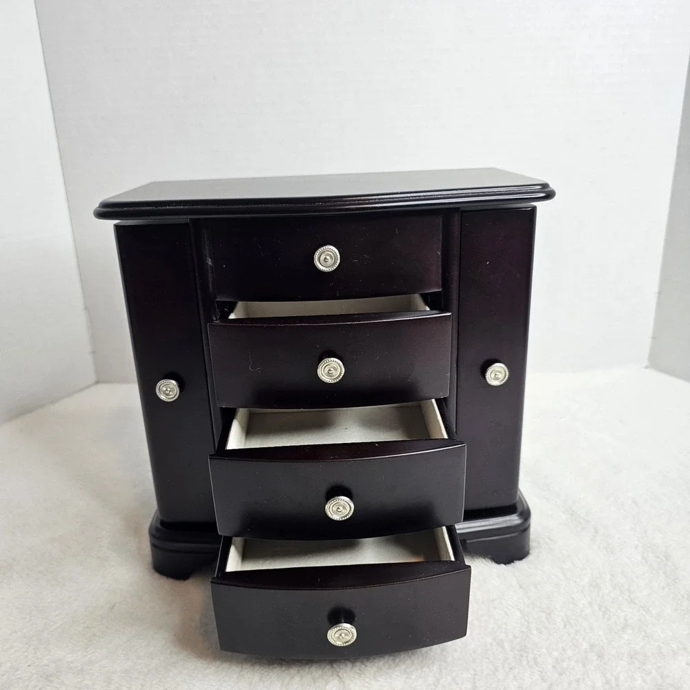 Brown Wooden Jewelry Box with Mirror, Velvet Lining, Drawers, Hooks for Jewelry